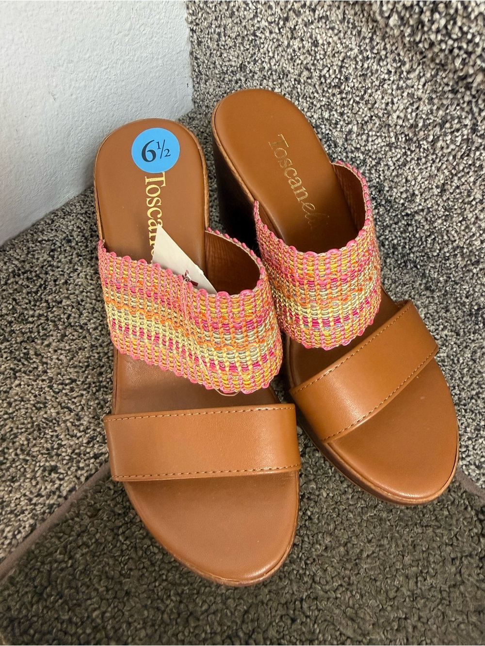 Toscana Tan Slide Mules with Pink Multi-Weave Strap